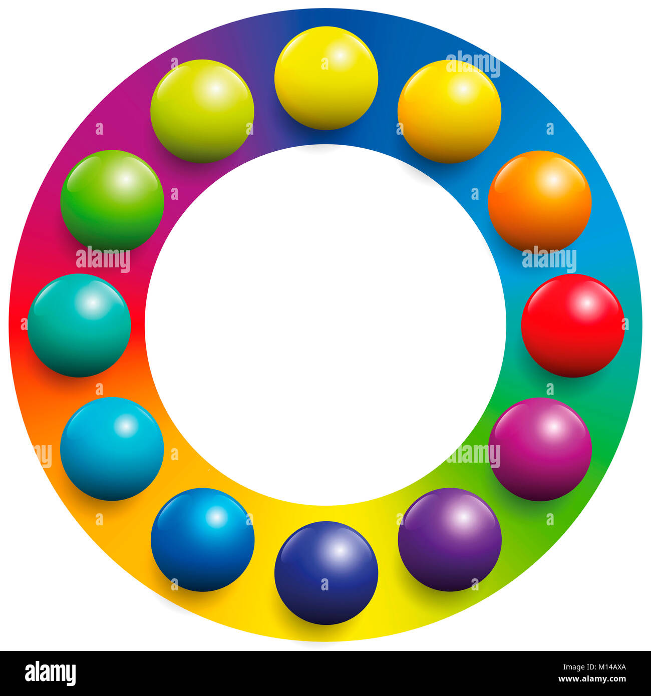 Espectro de color - doce balones colocados sobre los respectivos colores complementarios de un círculo de color arcoiris para aumentar su contraste. Foto de stock