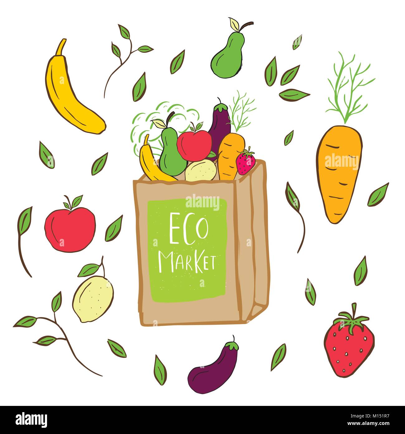 Dibujadas a mano la cesta con las letras Eco mercado de alimentos verdes,  frutas, verduras, hortalizas. Tela, lienzo de algodón. Ilustración  vectorial para restaurante, ba Imagen Vector de stock - Alamy