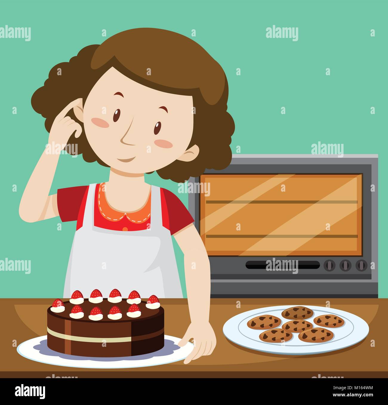 Mujer hornear pasteles y galletas ilustración Imagen Vector de stock - Alamy