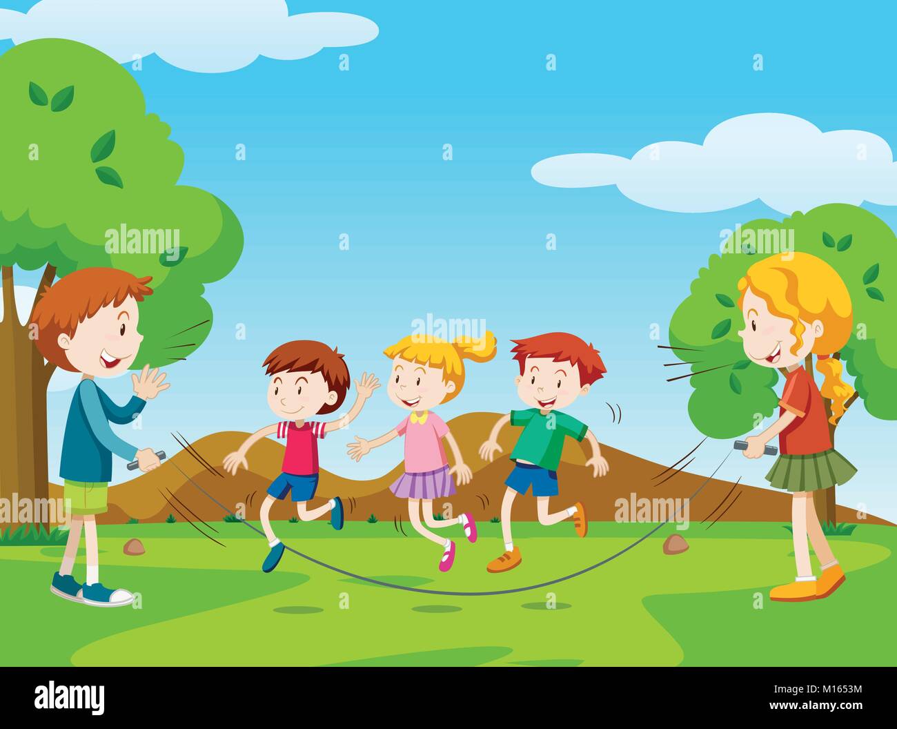 Los niños saltar la cuerda en el parque ilustración Imagen Vector de stock  - Alamy