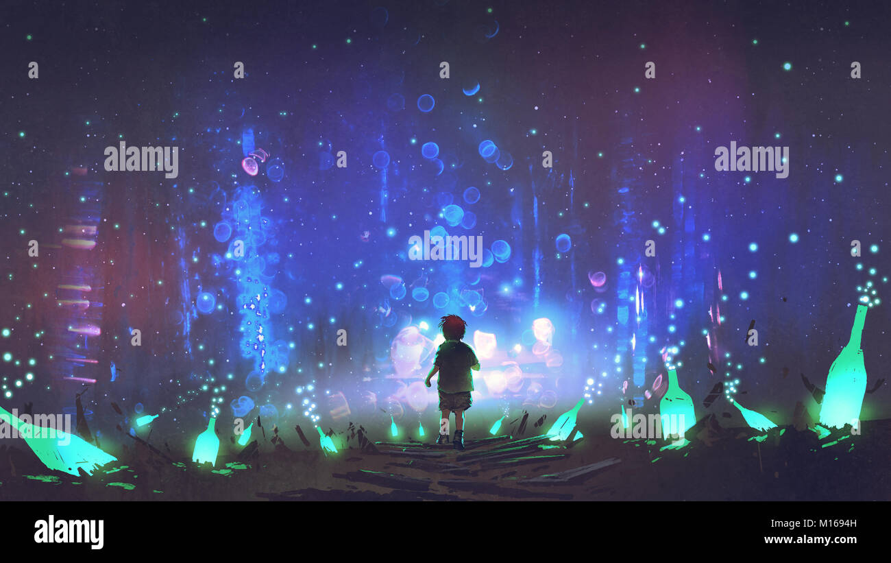 Paisaje nocturno del muchacho caminando en el piso entre muchas botellas de  color verde brillante, estilo de arte digital, ilustración pintura  Fotografía de stock - Alamy