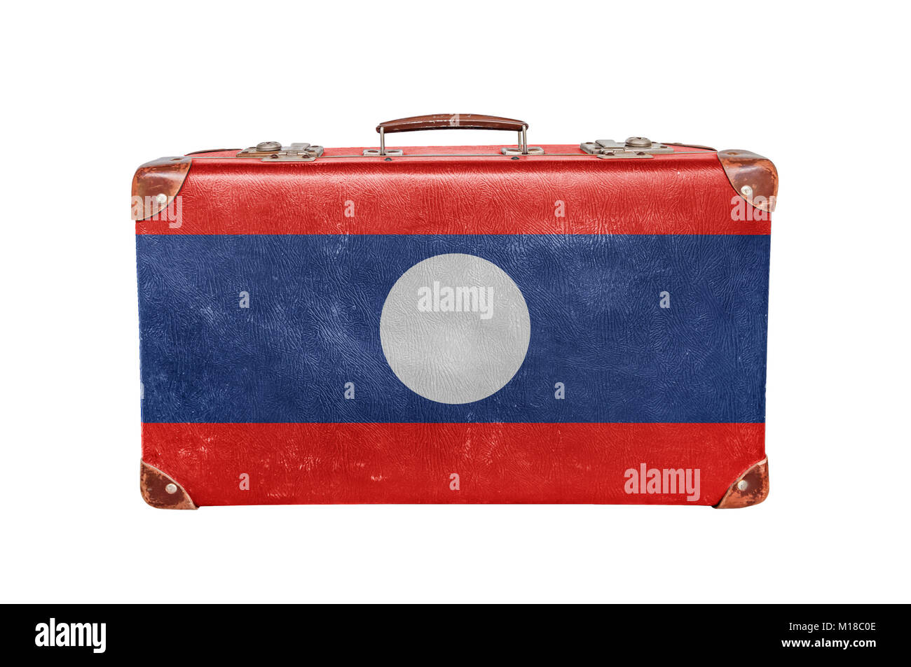 Vintage maleta con Laos bandera aislado sobre fondo blanco. Foto de stock