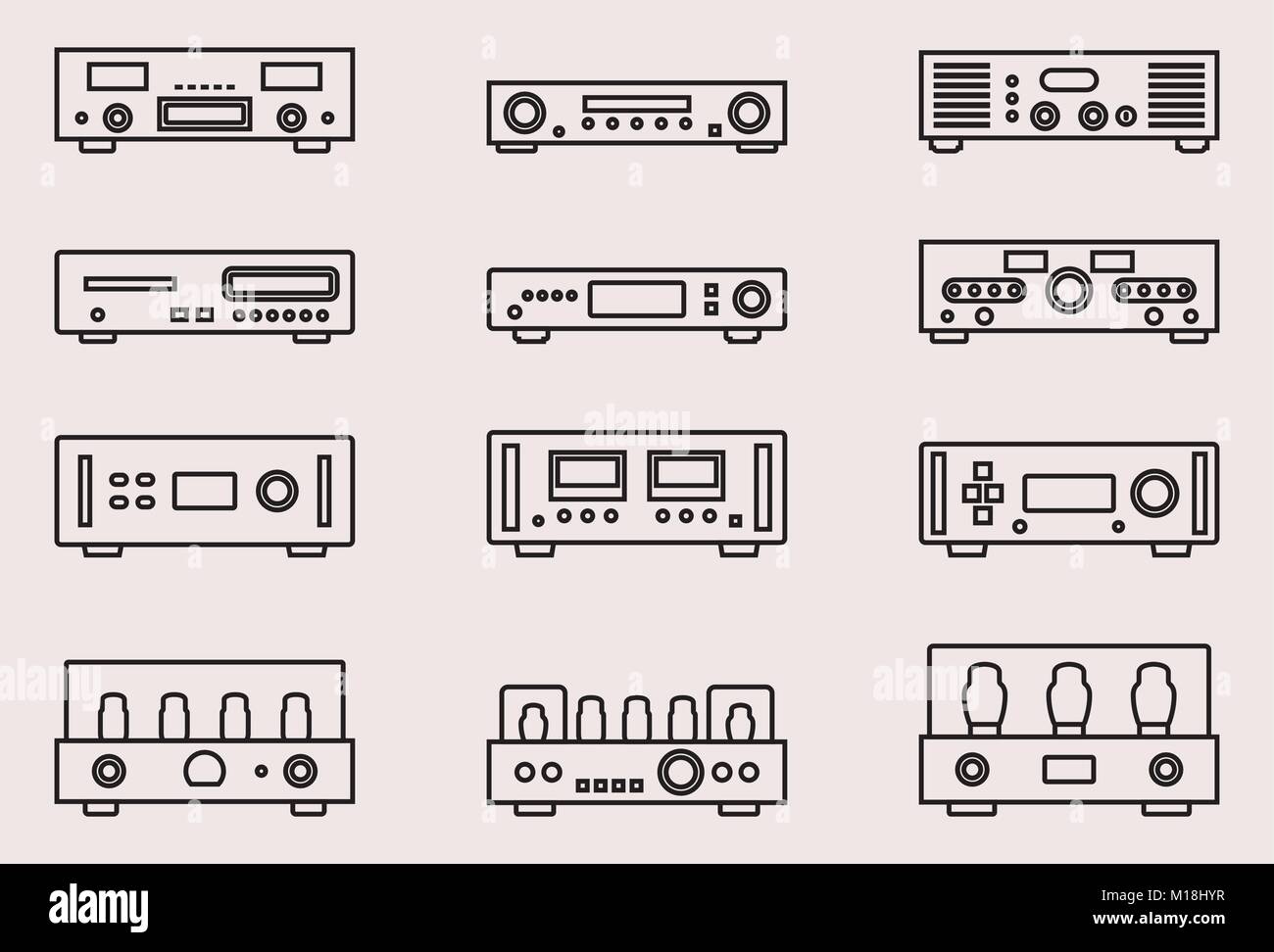 Conjunto de varios tipos de equipos de audio. Amplificador de línea fina de vectores Ilustración del Vector