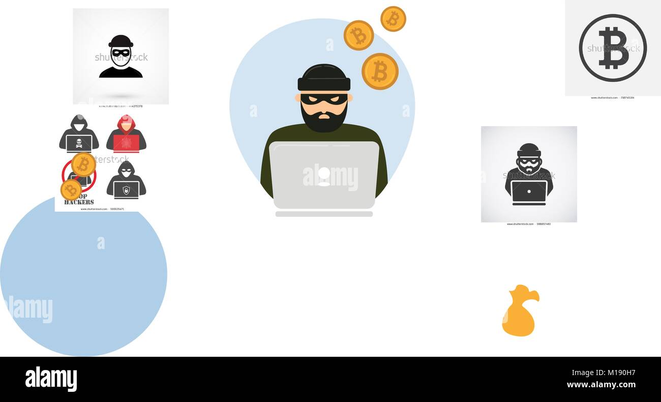 Hacker portátiles y cryptocurrency bitcoin. Web concepto de seguridad inseguras. Estafador intenta a internet transaction monedero y robaron todo c Imagen Vector de stock -