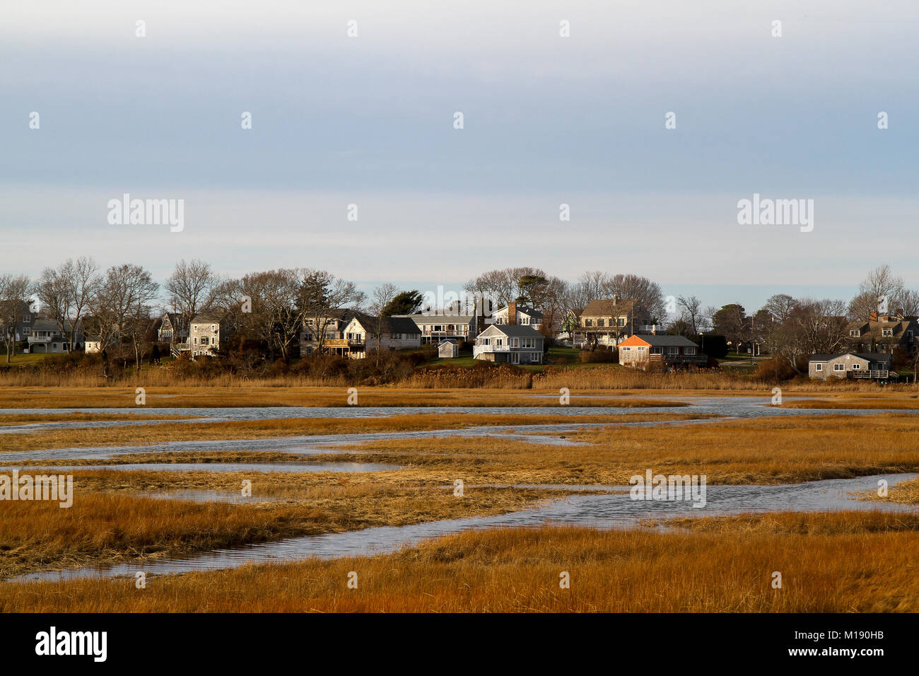 Casas en el pantano, visto desde el paseo marítimo, Sandwich, Cape Cod, Massachusetts, Estados Unidos Foto de stock