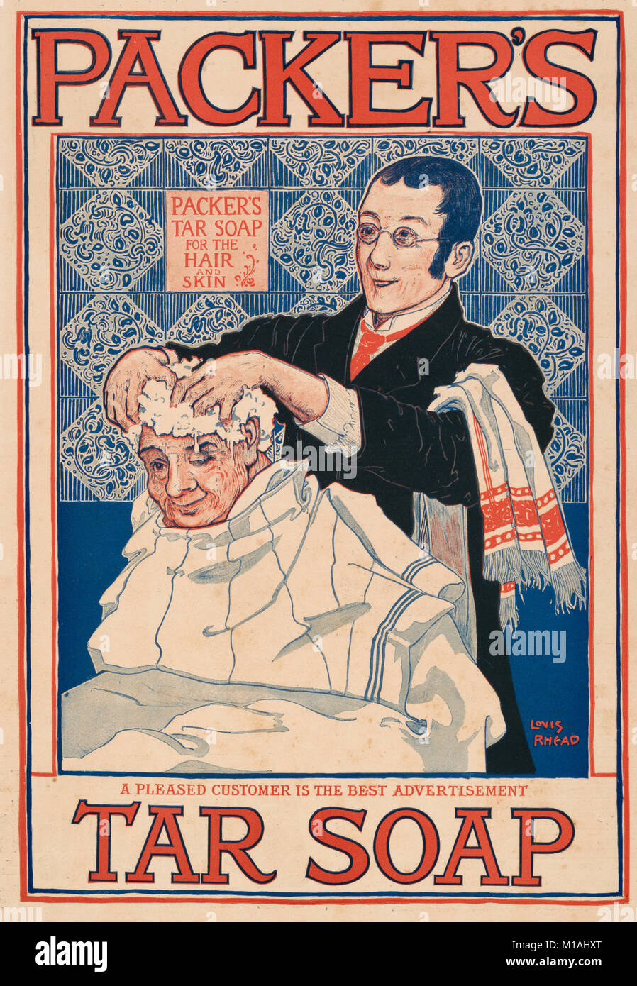 Jabón de alquitrán del embalador Anuncio, circa 1915 - cartel muestra un hombre champú el pelo de otro hombre. Foto de stock