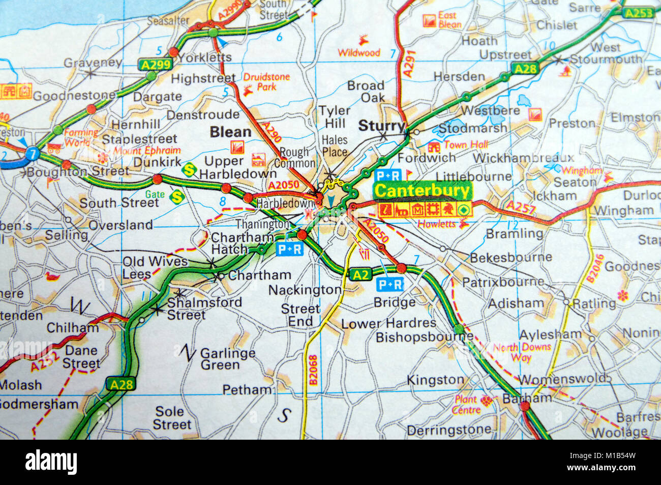 Mapa de carreteras de Canterbury, Inglaterra. Foto de stock