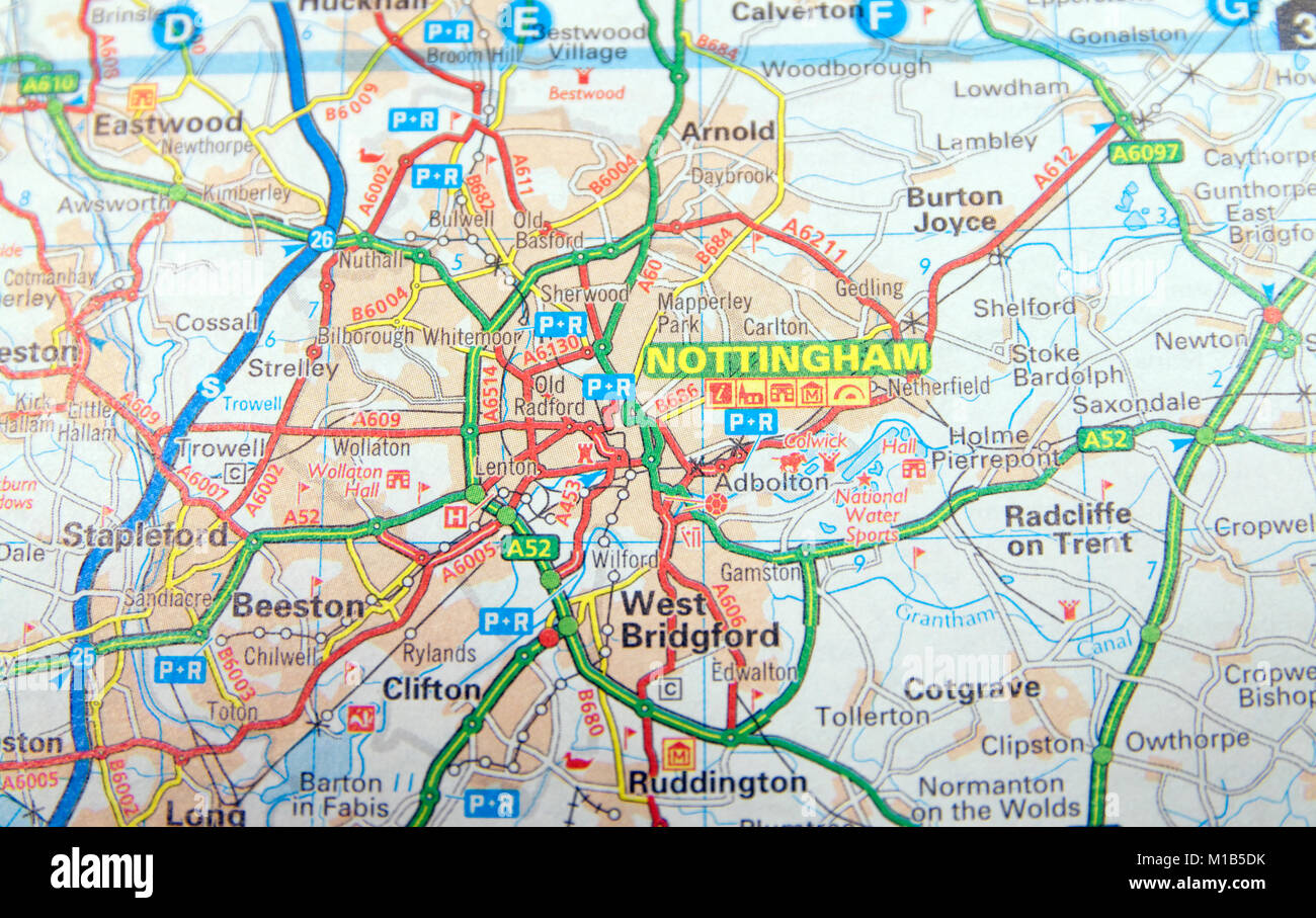 Mapa de carreteras de Nottingham, Inglaterra Fotografía de stock Alamy