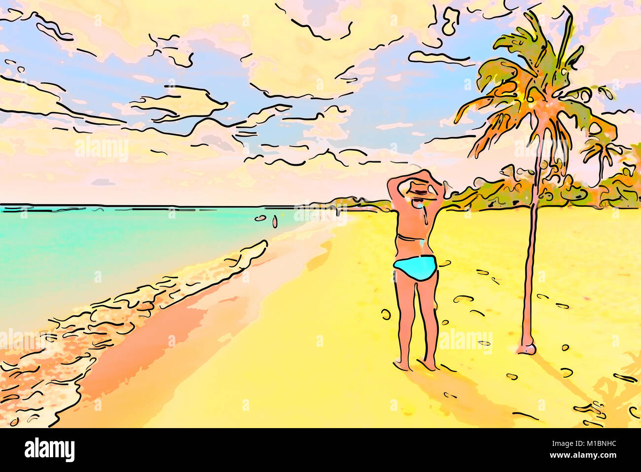 Mujer en traje de baño, de pie sobre la arena amarilla en el Azure Ocean Beach con el cielo azul con nubes, cerca de green cocotero Foto de stock