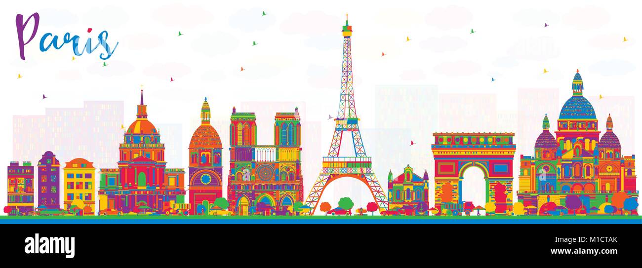 París, Francia La ciudad con edificios de color. Ilustración vectorial. Viajes de negocios y turismo concepto con la arquitectura histórica. El paisaje urbano de París Ilustración del Vector