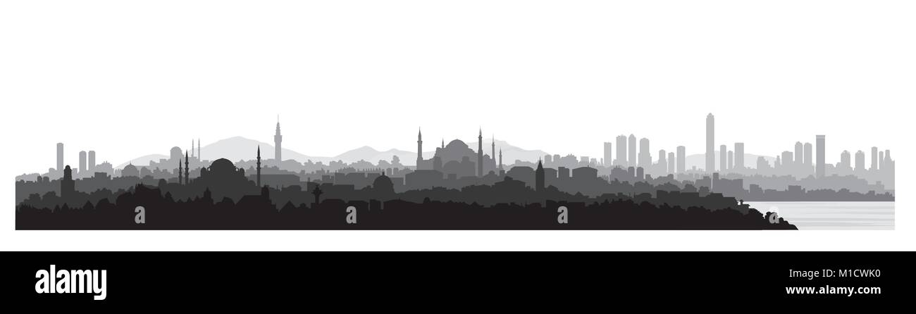 El horizonte de la ciudad de Estambul. Viajar Turquía antecedentes. Vistas panorámicas urbanas. Paisaje urbano con el famoso edificio silueta Ilustración del Vector