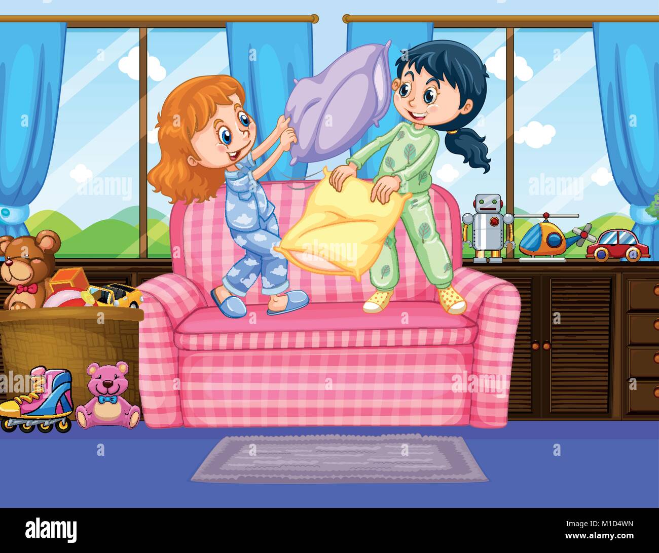 Dos niñas en pijama jugando lucha de almohadas en la habitación ilustración Ilustración del Vector