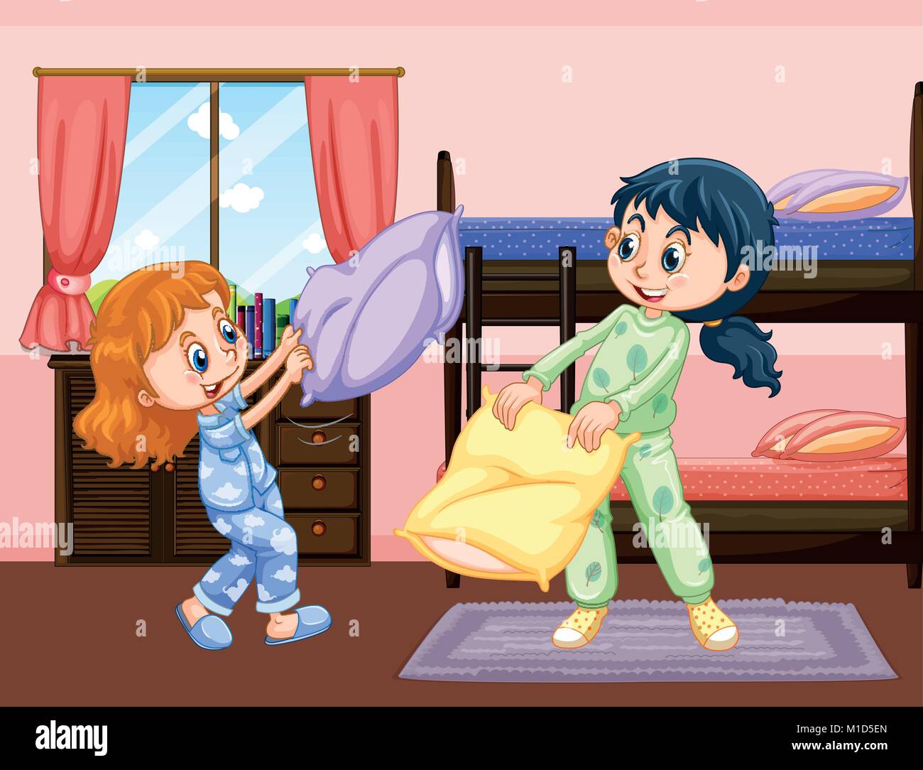 Dos niñas jugando almohada lucha en dormitorio ilustración Ilustración del Vector