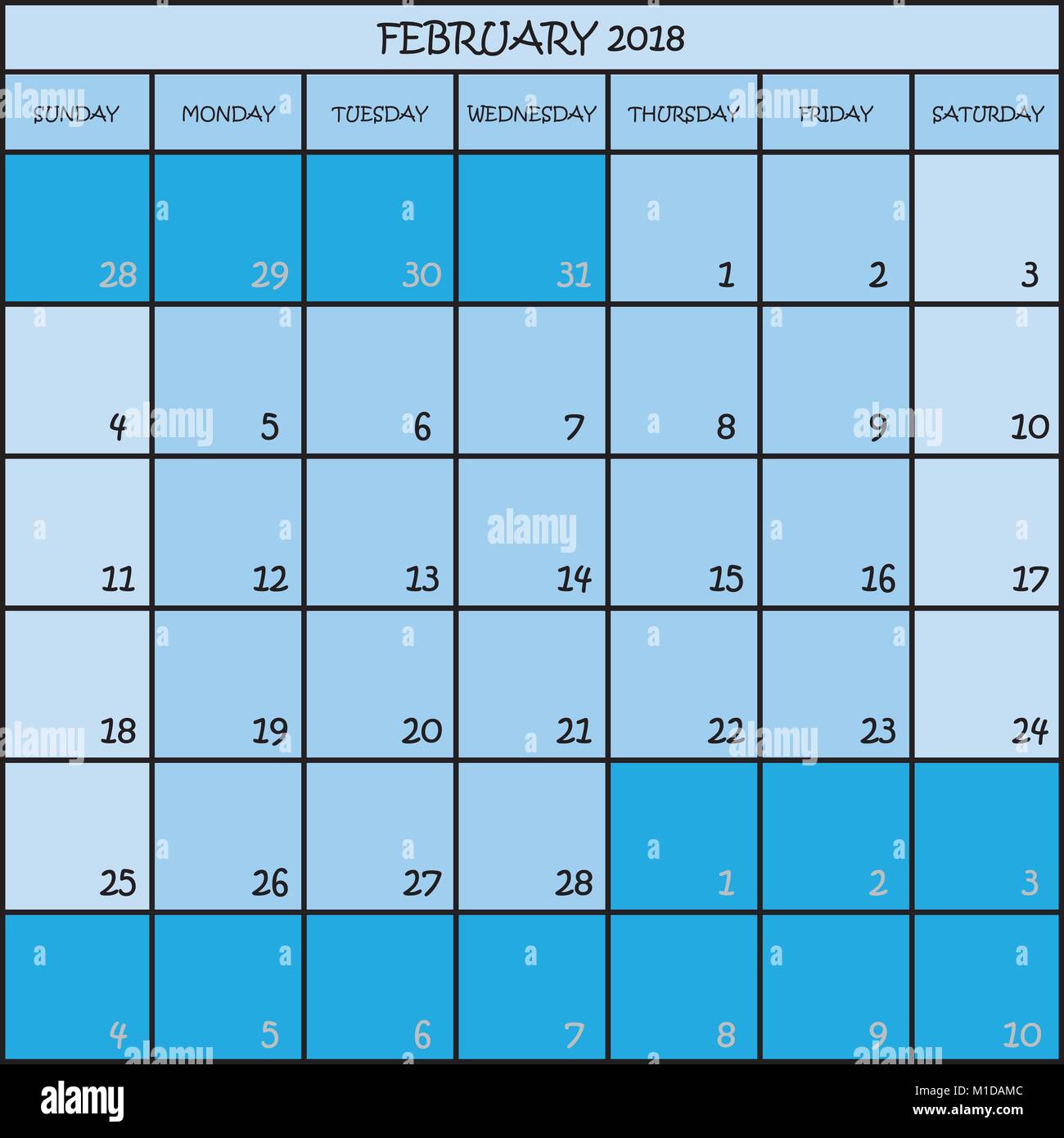 Mes de febrero de 2018 Calendario planificador en tres tonos de azul, fondo  de color Imagen Vector de stock - Alamy