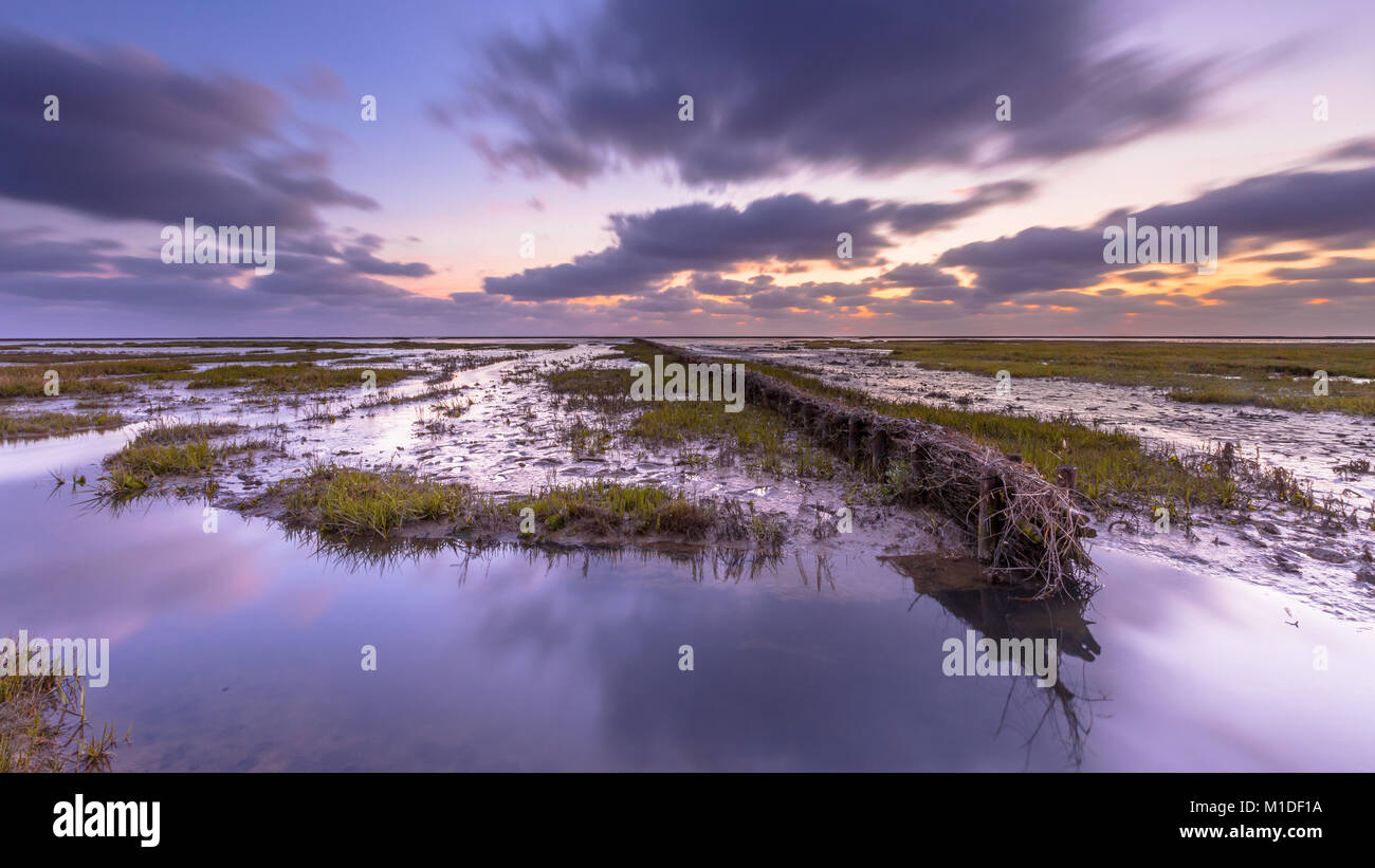 Puesta de sol sobre las mareas Marsh en el mar de Wadden, zona declarada patrimonio mundial de la UNESCO Foto de stock