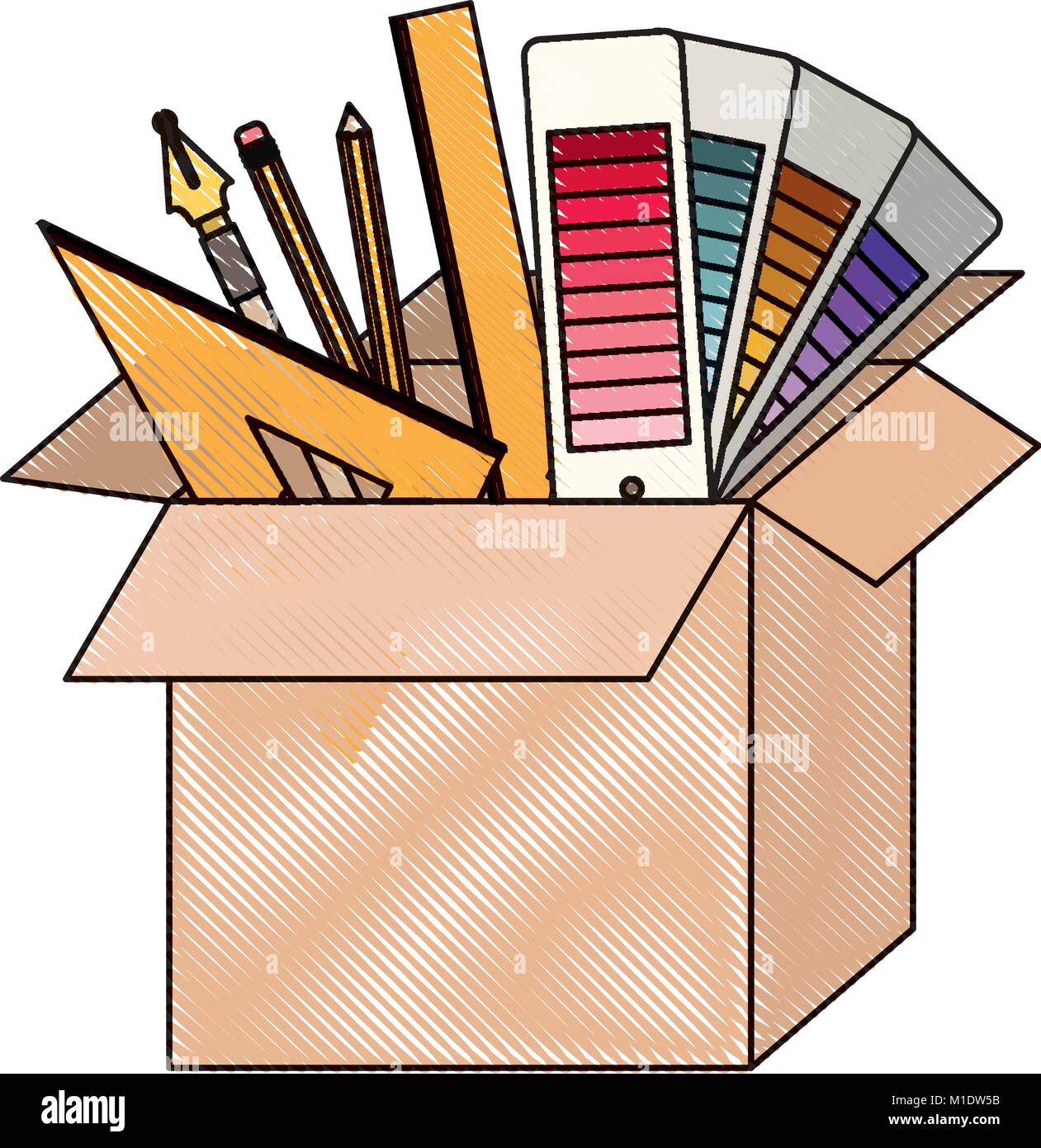 Caja de cartón con las herramientas de diseño gráfico en lápiz de color  silueta Imagen Vector de stock - Alamy