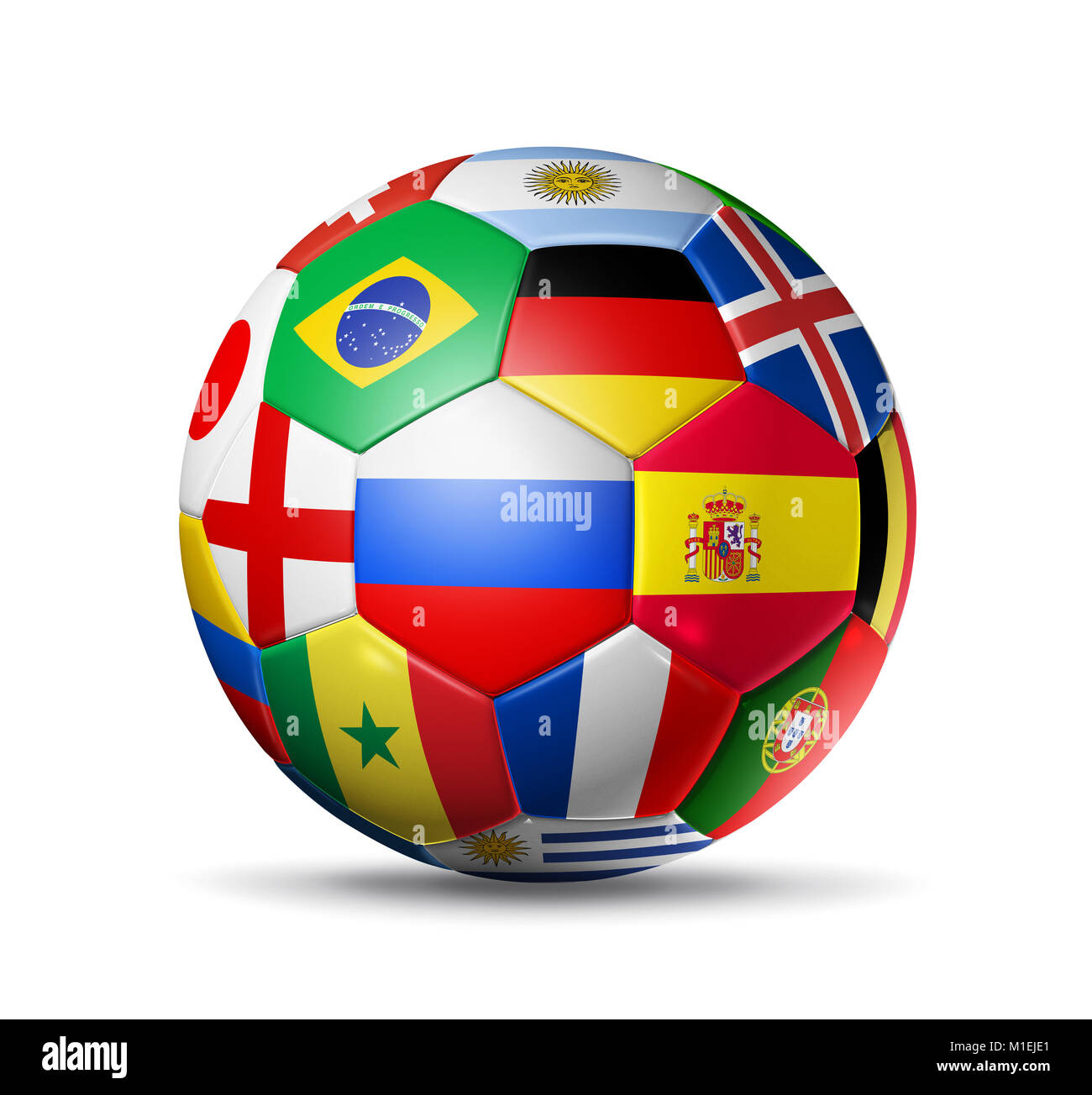 Balón de fútbol en 3D con el equipo de banderas nacionales. Rusia 2018. Aislado en blanco Foto de stock