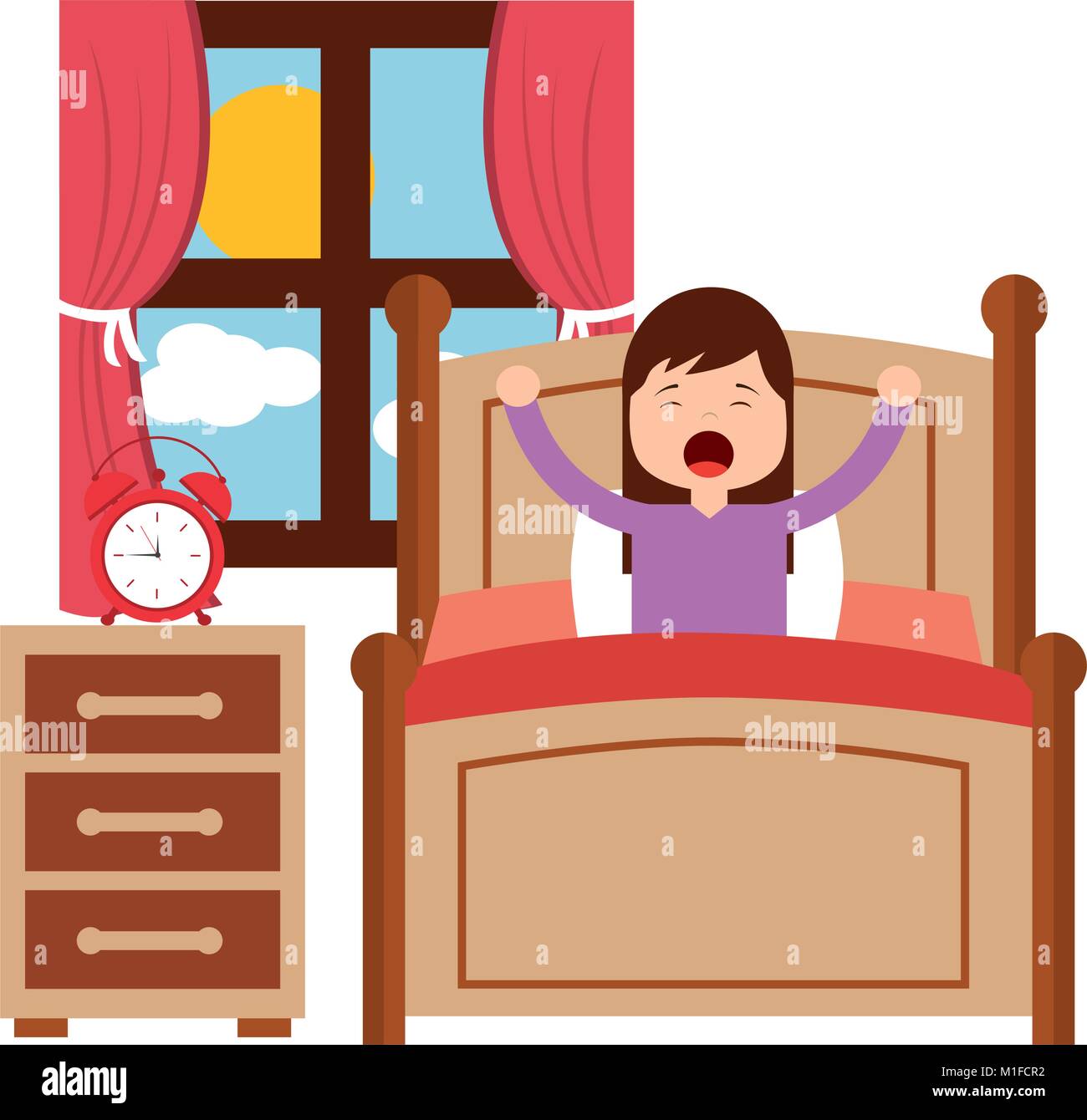 Despertarse por la mañana a la niña en la cama Imagen Vector de stock -  Alamy