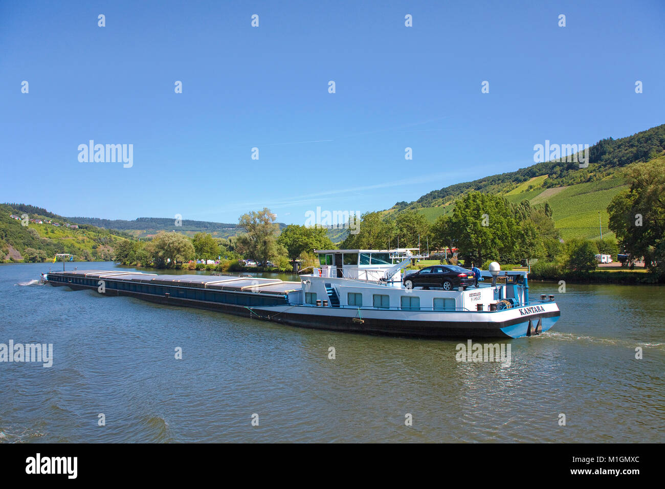 Carguero en el río Mosela, en Traben-Trarbach, río Mosela, Renania-Palatinado, Alemania, Europa Foto de stock