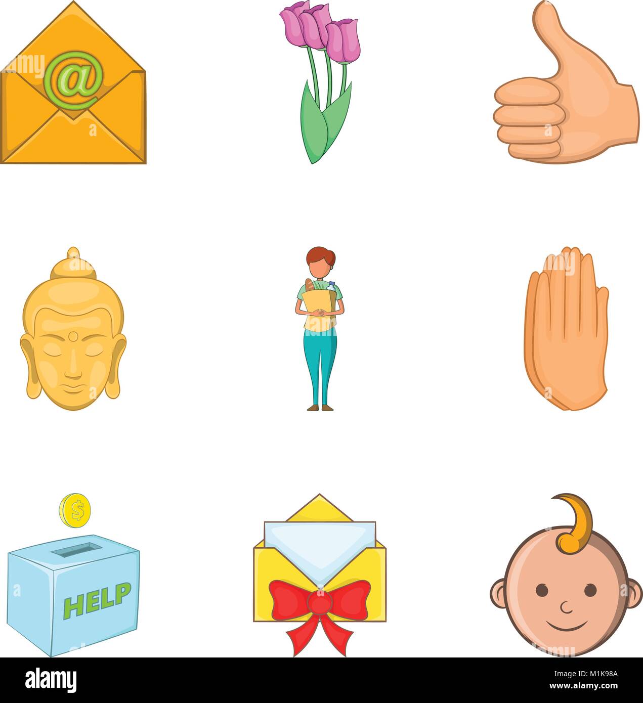 Amabilidad, conjunto de iconos de estilo de dibujos animados Imagen Vector  de stock - Alamy