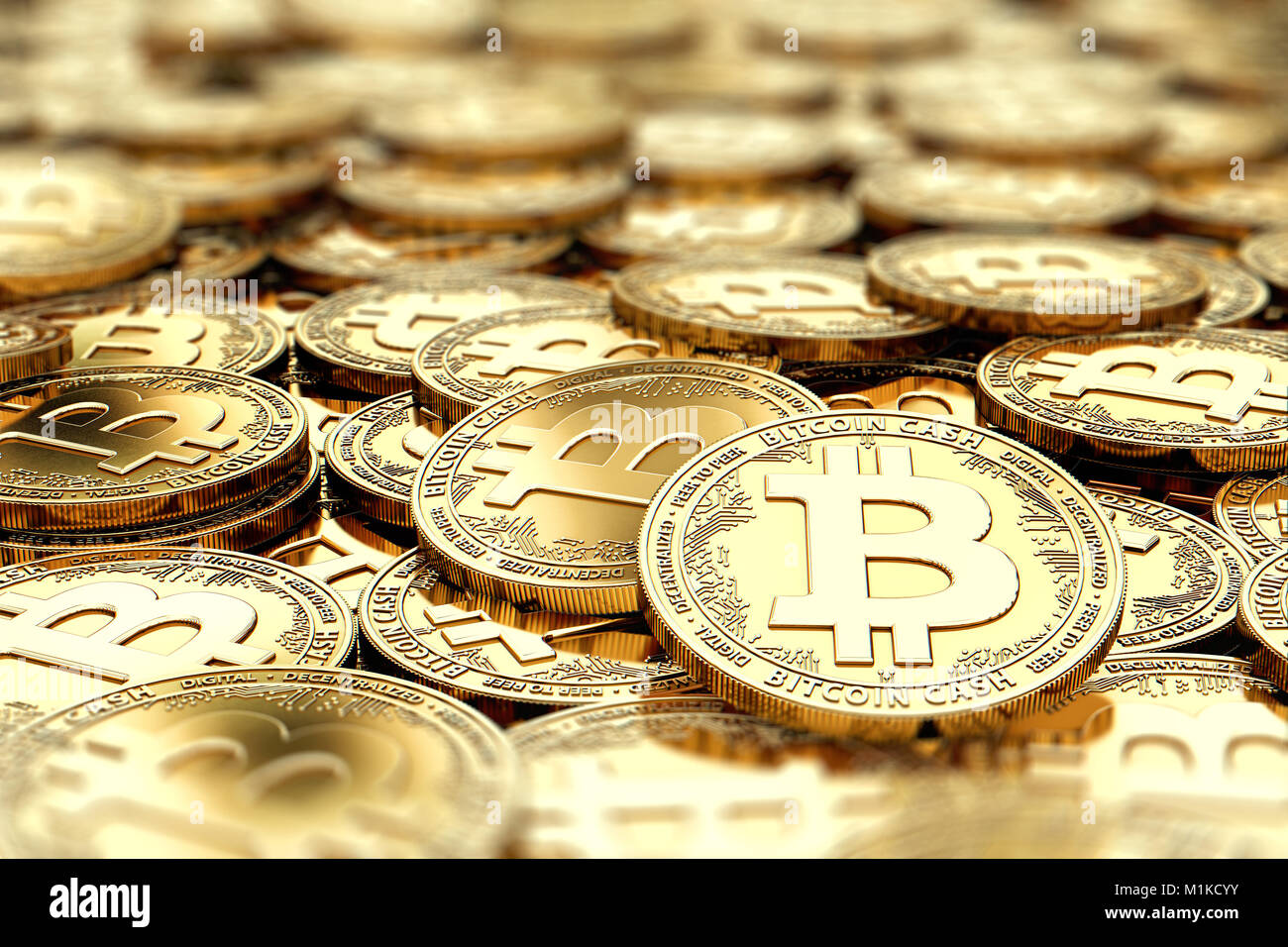Pila de monedas de oro efectivo Bitcoin CCO en primer plano borroso, con copia espacio encima en la zona borrosa. 3D rendering Foto de stock
