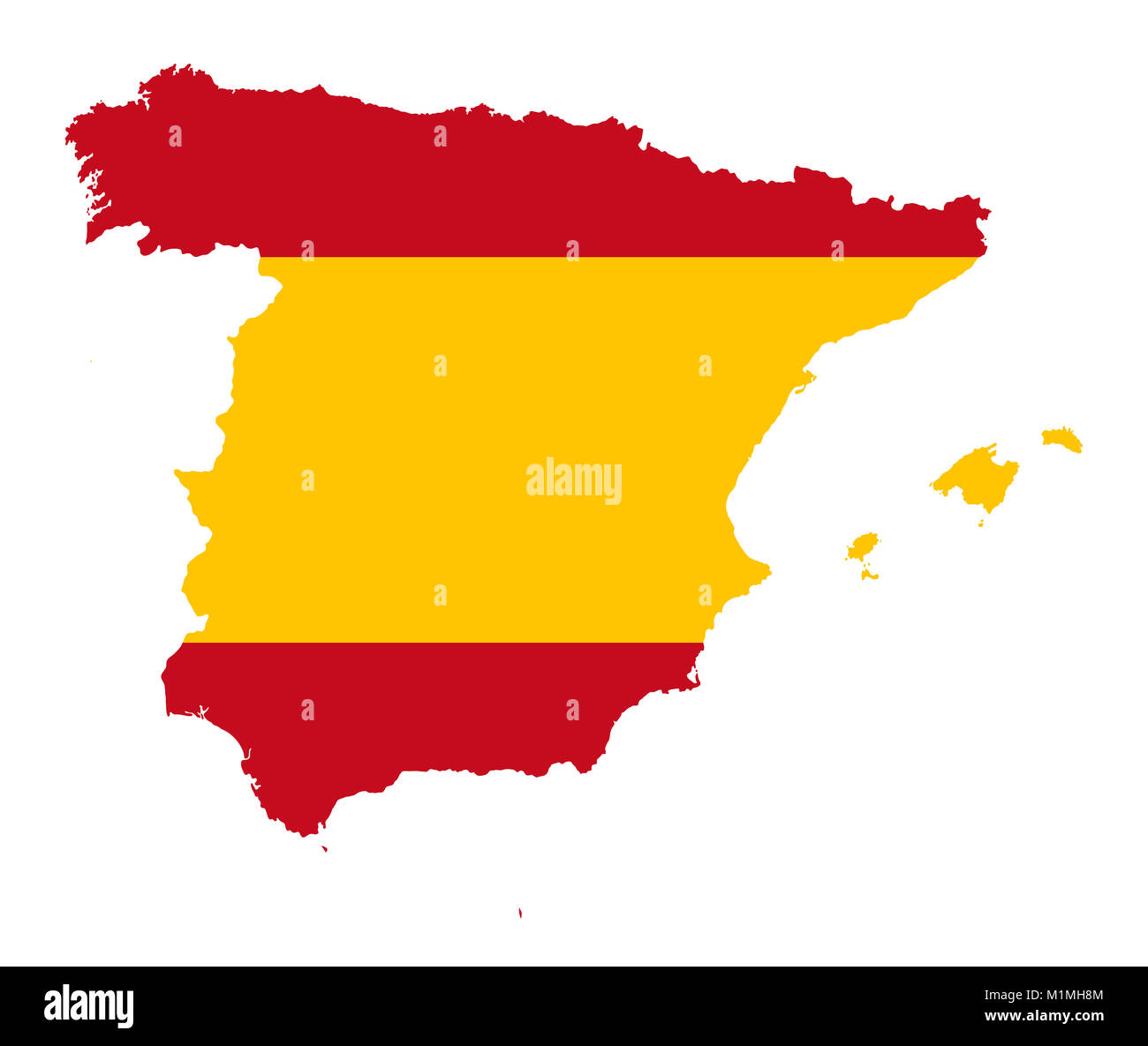 Reino de España. La bandera en la silueta del país. Superficie y bordes de contorno. Los colores de la nación. Banner con rayas rojas y amarillas. Foto de stock