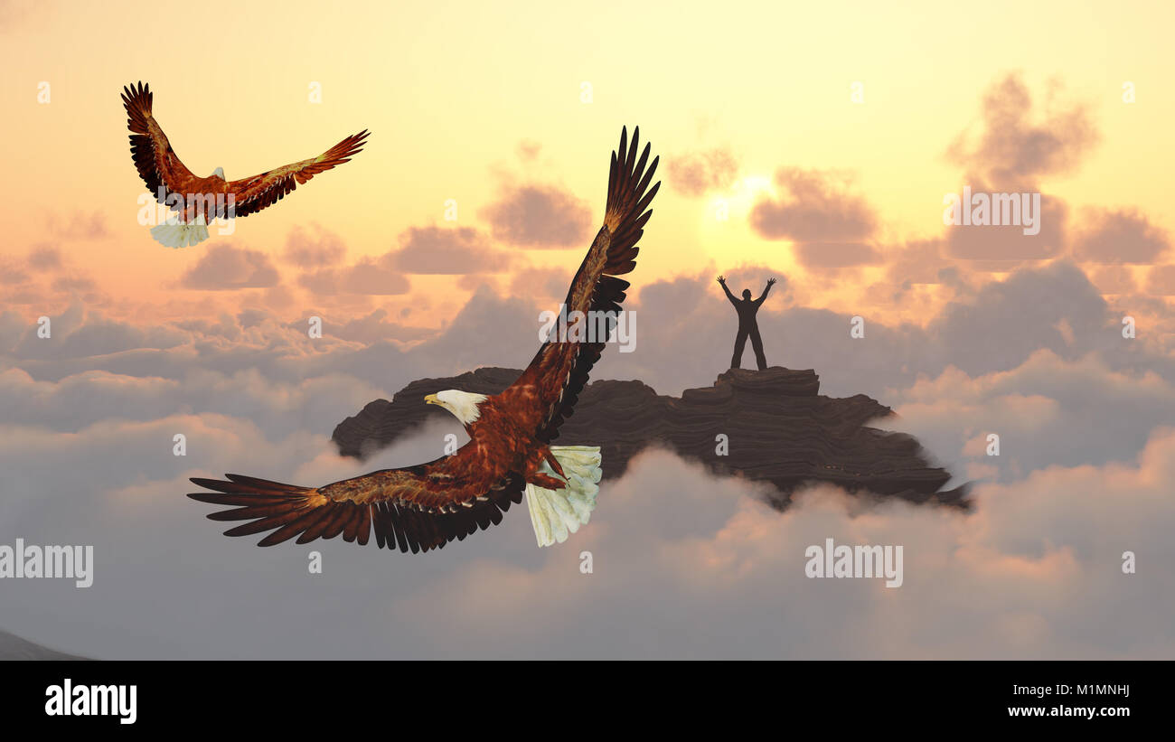 El hombre se reúne con el amanecer. El águila vuela Fotografía de stock -  Alamy
