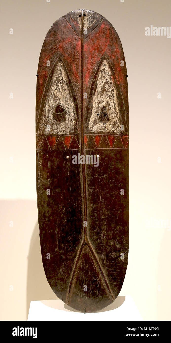 Mendi escudo. Madera tallada y pigmentos naturales. Sur de Papua, Nueva Guinea. A principios del siglo XX. Foto de stock
