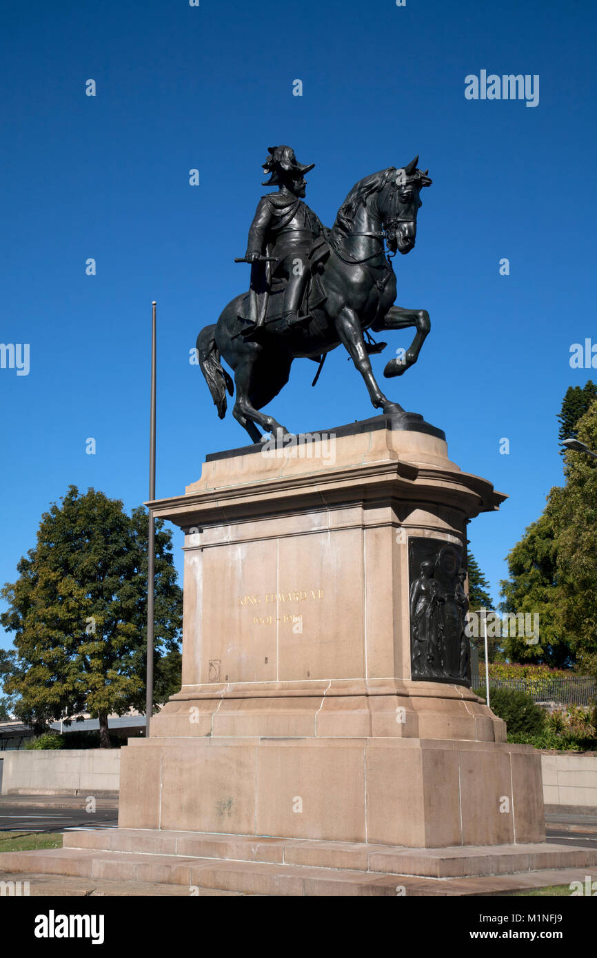 Estatua ecuestre King Edward VII Macquarie Street / casa de gobierno Puerta Real Jardín Botánico de Sydney, New South Wales Australia Foto de stock