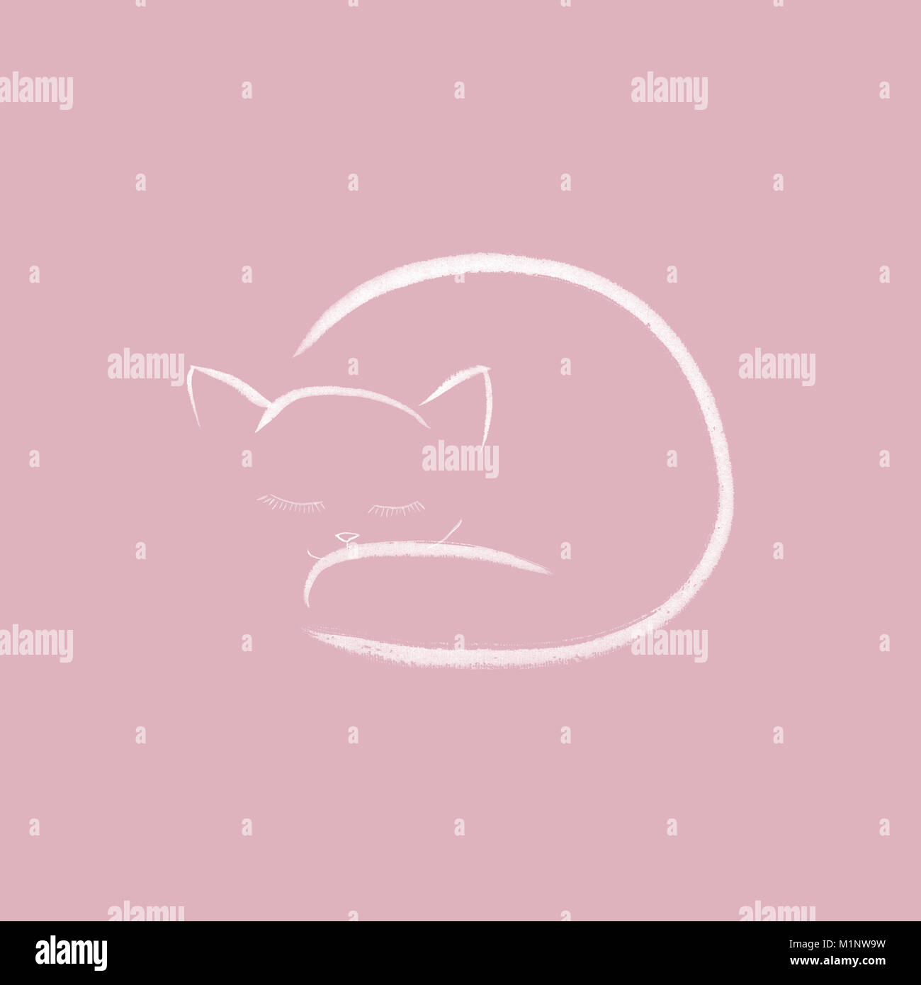 Lindo color rosa acurrucado durmiendo cat dibujo artístico, diseño minimalista, gatito blanco sobre fondo de color rosa polvo desapareció Foto de stock