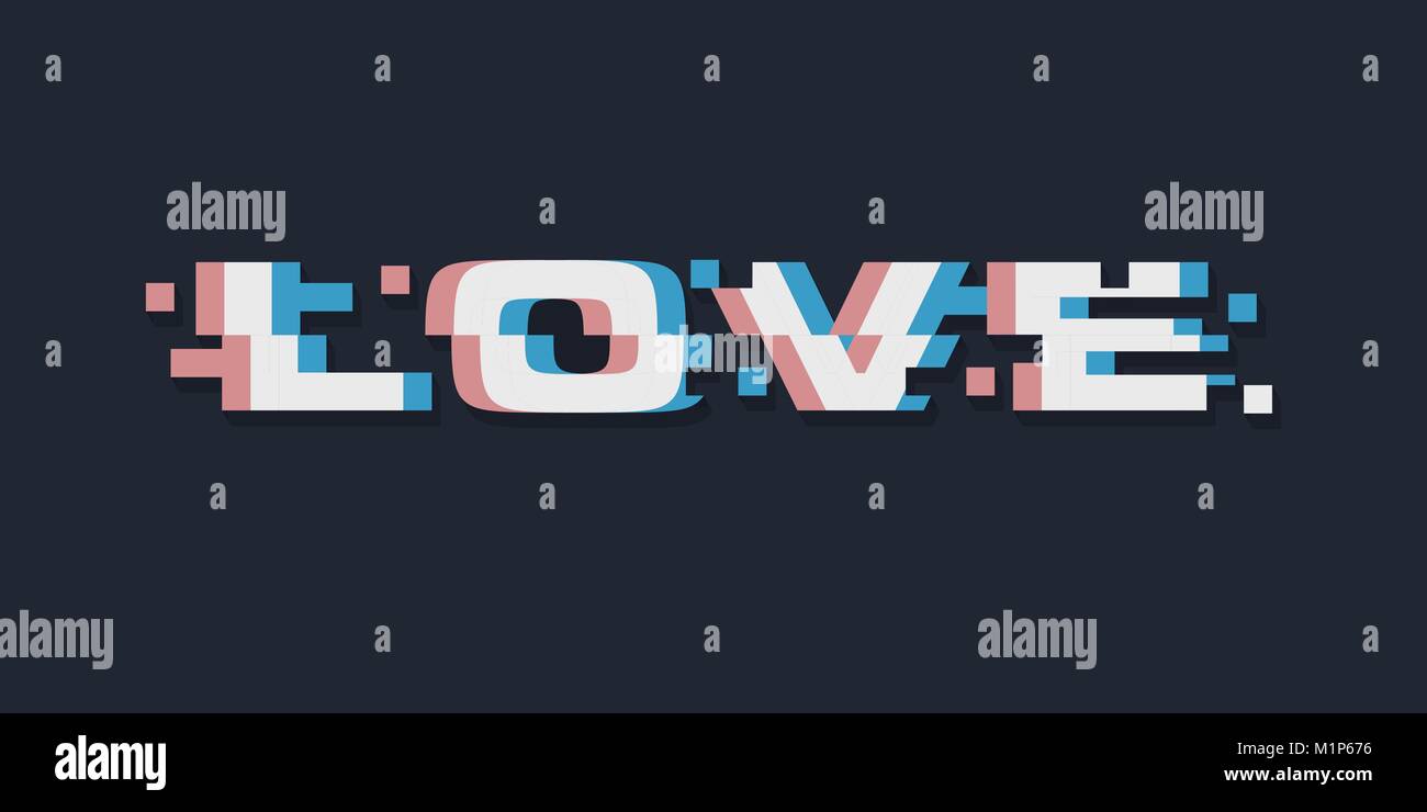 Glitch amor letras abstractas, tipografía con efecto de distorsión, bug