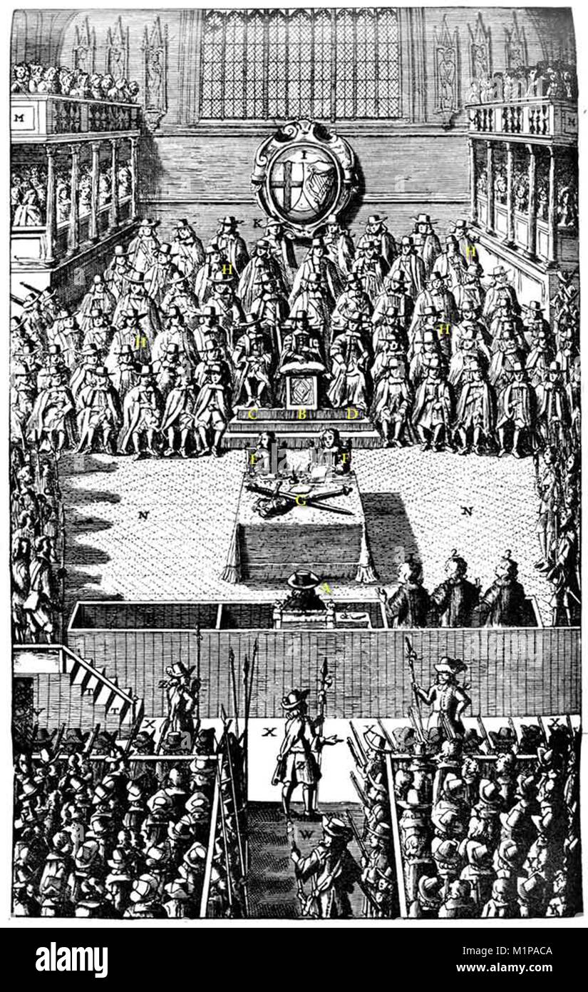 Carlos I (en el dock con su espalda al espectador) frente a la Corte Suprema de Justicia, 1649 Foto de stock