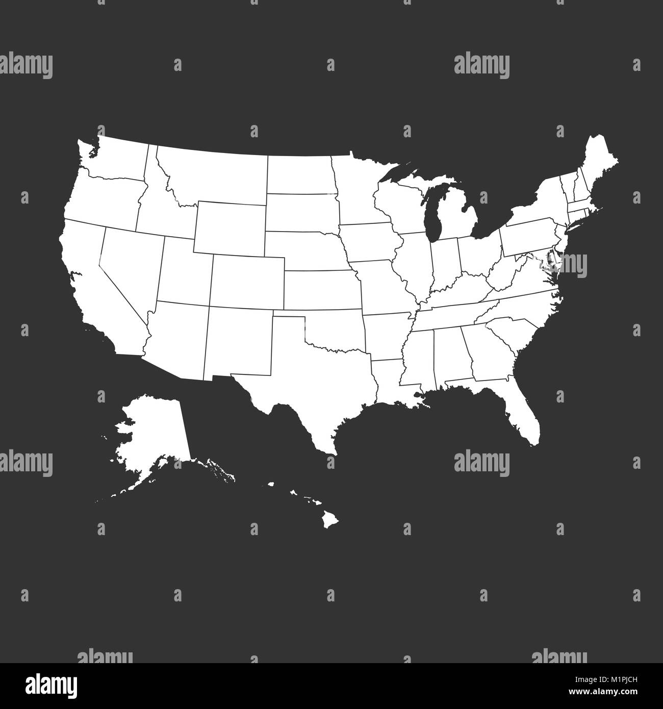 Alta mapa de EE.UU. detallada con los estados federales. Ilustración vectorial Estados Unidos de América sobre fondo negro. Ilustración del Vector