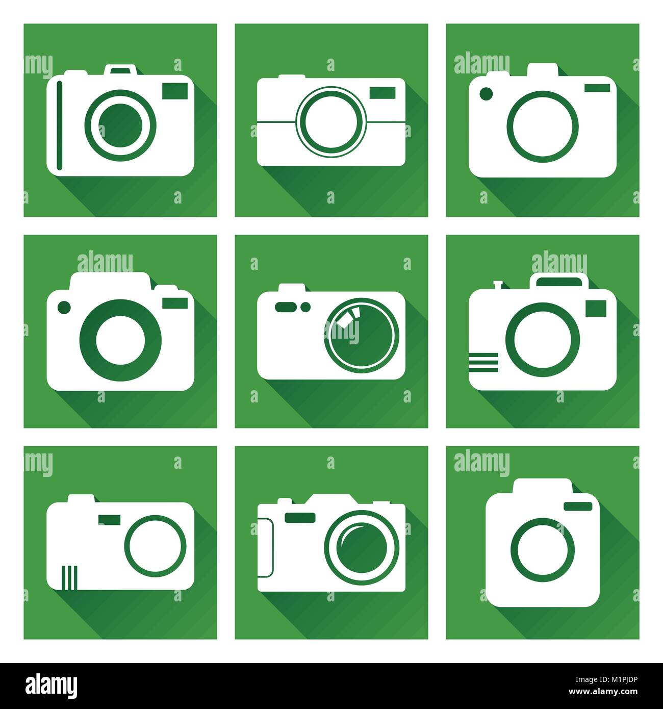 Icono de cámara establezca sobre fondo verde con larga sombra. Ilustración vectorial en estilo plano con fotografía iconos. Ilustración del Vector