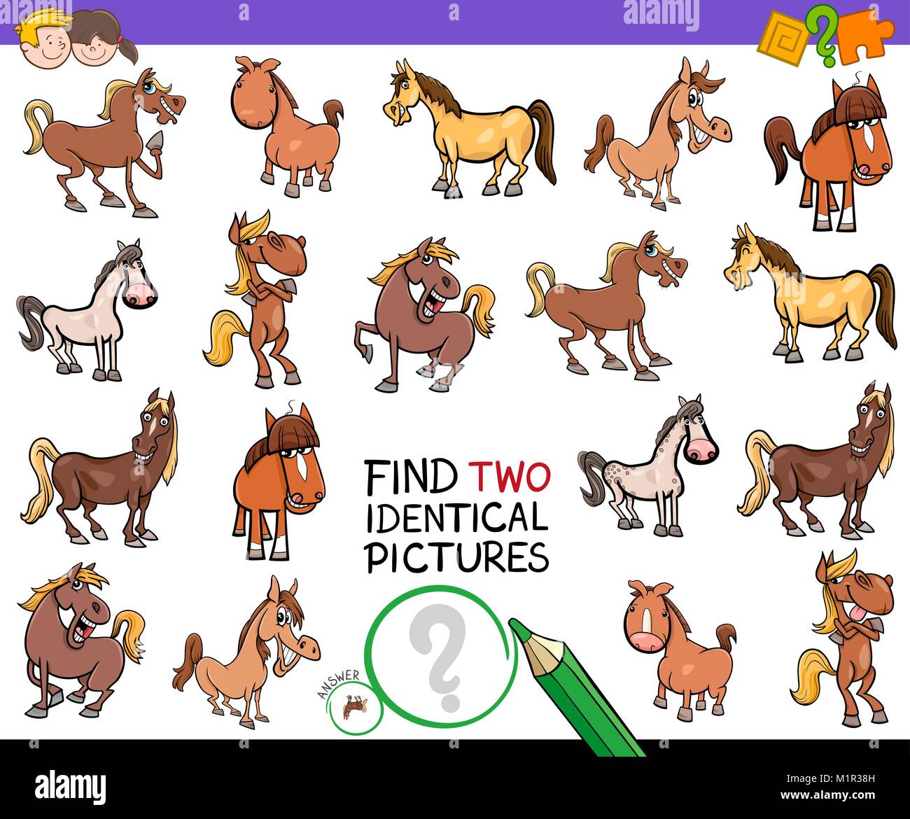 Ilustración de dibujos animados de encontrar dos imágenes idénticas  actividad educativa para niños juegos con personajes de animales de granja  de caballos Imagen Vector de stock - Alamy
