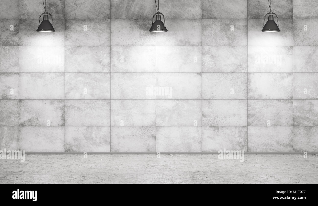 Fondo interior de una habitación con baldosas de hormigón, beton pared y lámparas de piso 3D rendering Foto de stock