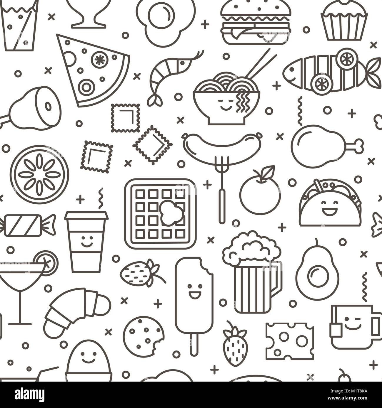 Vector patrón sin fisuras con esbozado icónico ilustración de restaurantes y comida rápida como café, pizza, hamburguesas, obleas, helados y platos chinos. Ilustración del Vector