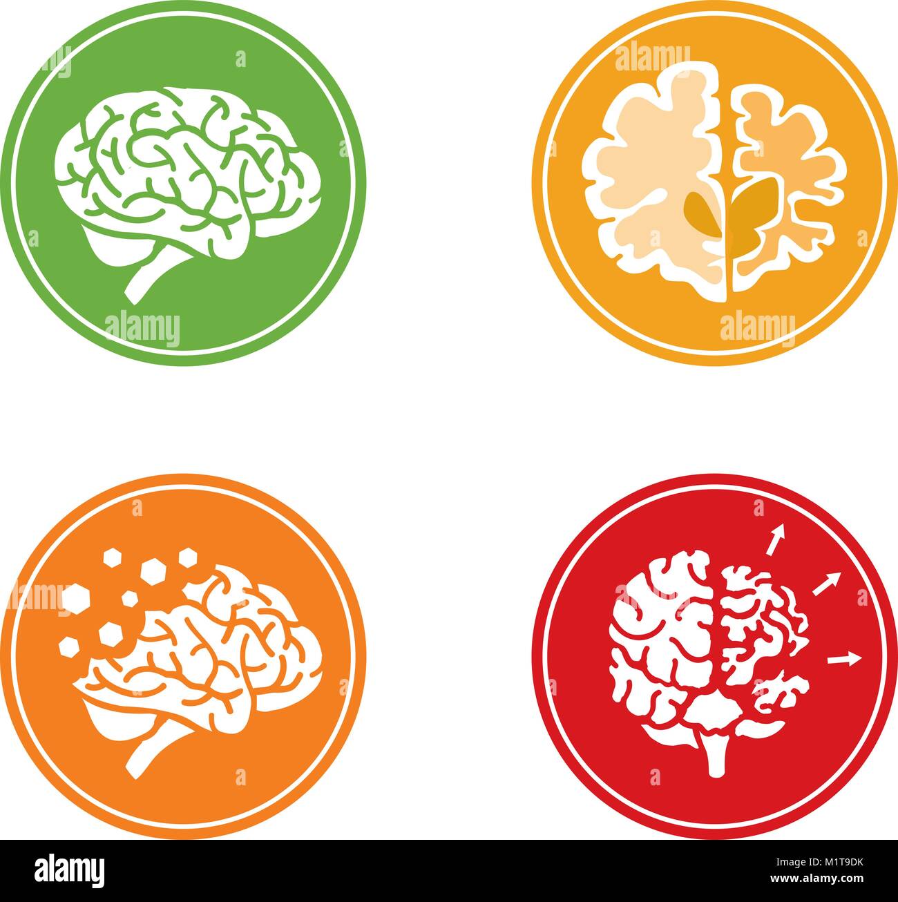 Conjunto de iconos vectoriales planas con el cerebro humano y el concepto de demencia y otros problemas de salud mental. Círculo de fondo. Ilustración del Vector