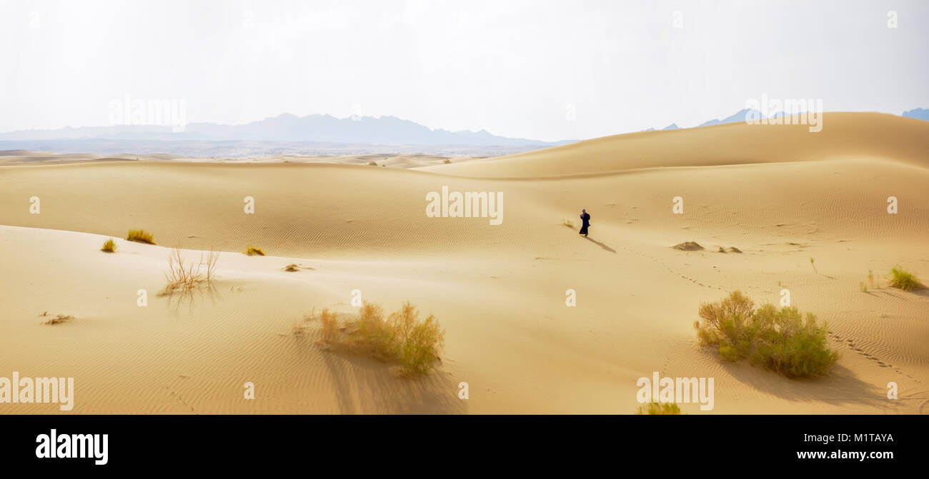 La persona solitaria va en el desierto, dunas, hasta el horizonte Foto de stock