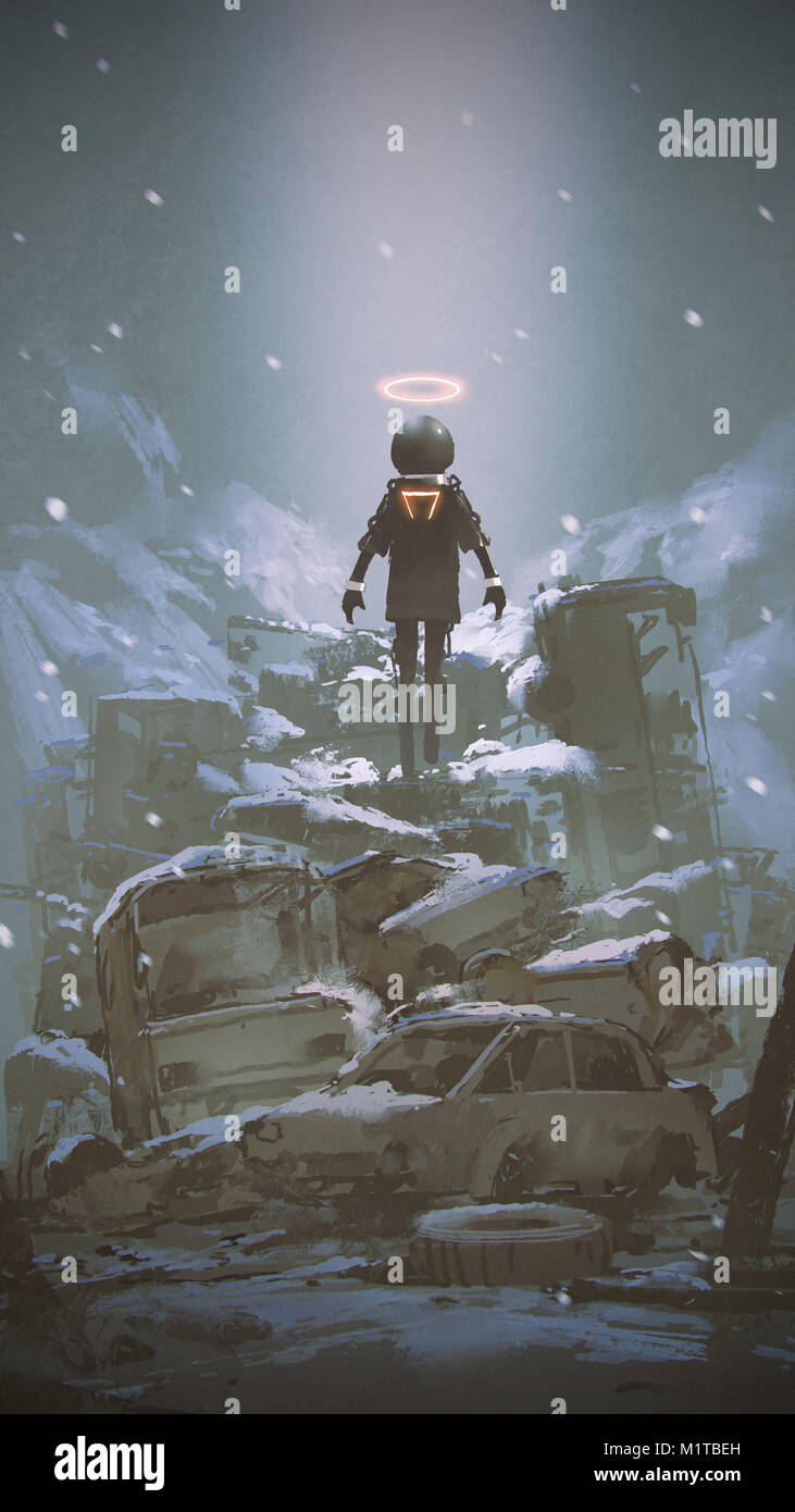 Robot flotando sobre el montón de naufragio coche cubierto por la nieve, estilo de arte digital, ilustración pintura Foto de stock