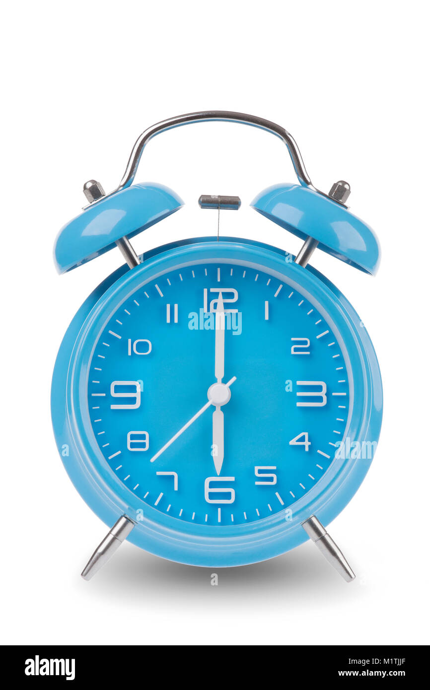 Reloj alarma azul con las manos a las 6 am o pm aislado sobre un fondo  blanco, un conjunto de 12 imágenes que muestran la parte superior de la  hora a partir