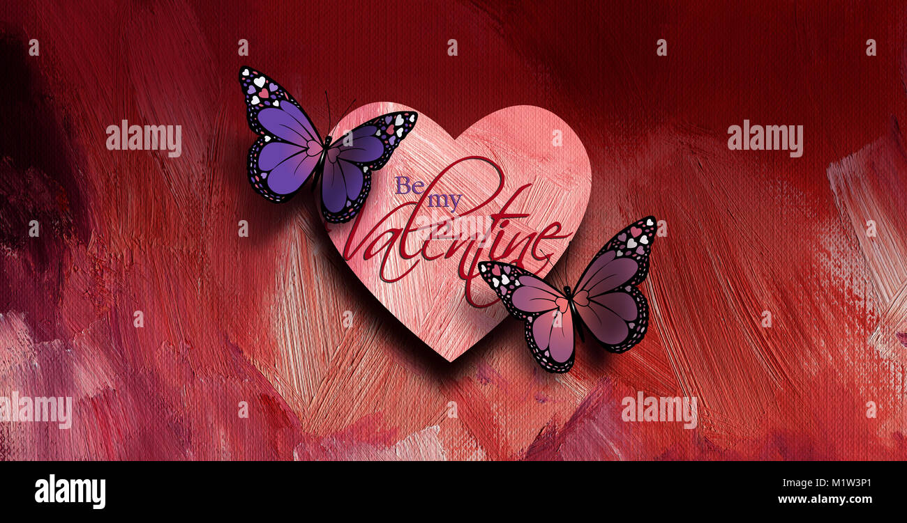 Gráfico de el sentimiento de ser mi Valentín con dos mariposas coloridas y  amor corazón contra el fondo de textura de color rosado. Amor corazones en  las alas Fotografía de stock -
