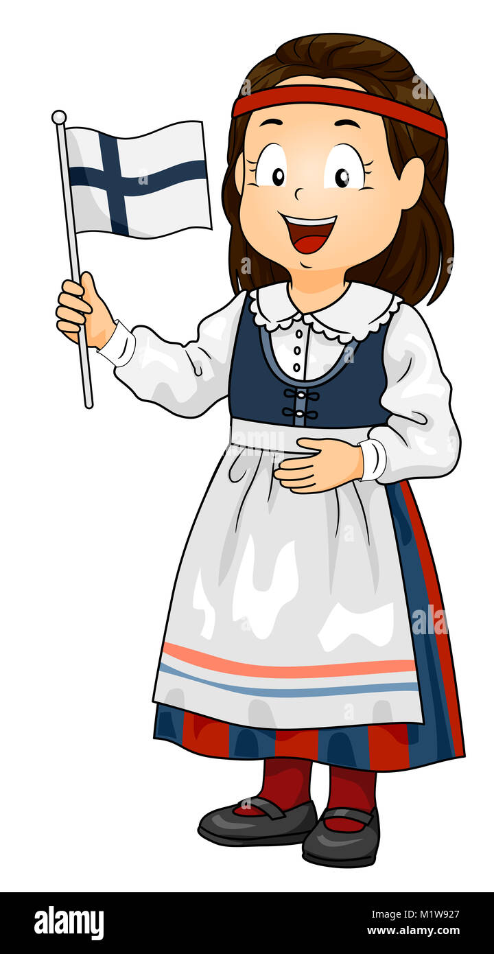 Ilustración de un chico chica en Finlandia el traje nacional sosteniendo  una bandera Fotografía de stock - Alamy