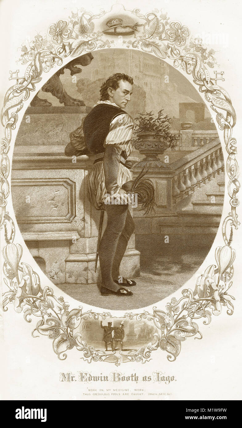 Grabado del personaje Shakesperiano Iago, actuado por un americano, Edwin Booth en Otelo. Desde el Ilustrado obras completas de Shakespeare, 1878 Foto de stock
