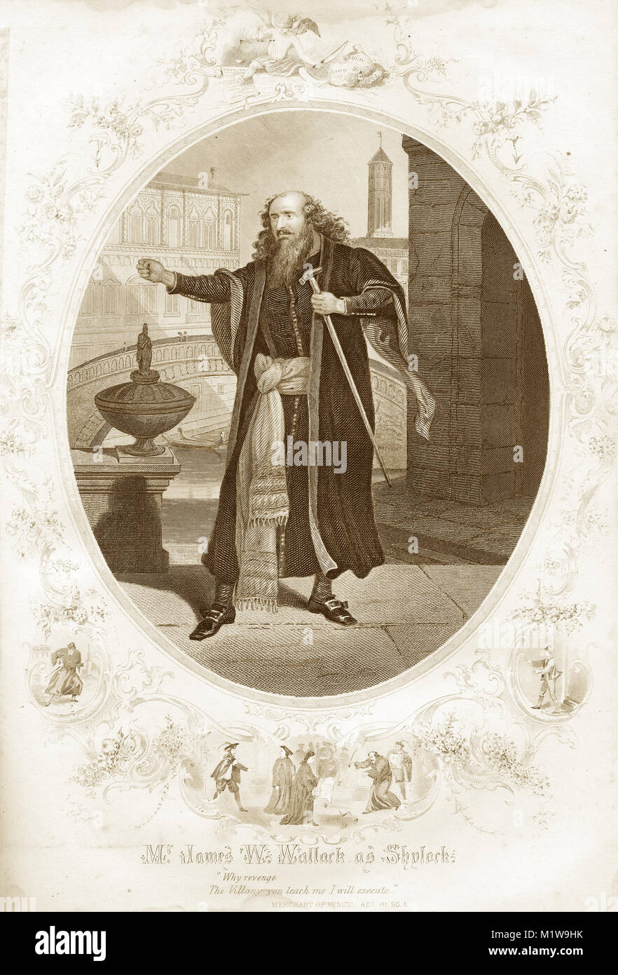 Grabado del personaje de Shakespeare Shylock, actuado por un americano, James W. Wallark en el Mercader de Venecia. Desde el Ilustrado obras completas de Shakespeare, 1878 Foto de stock