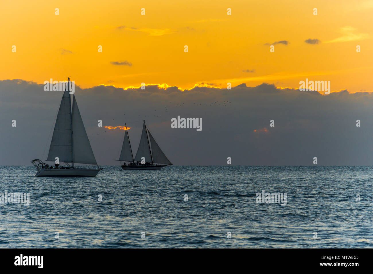 Ee.Uu., Florida, Naranja puesta de sol detrás de las nubes a Key West con dos veleros en el agua Foto de stock