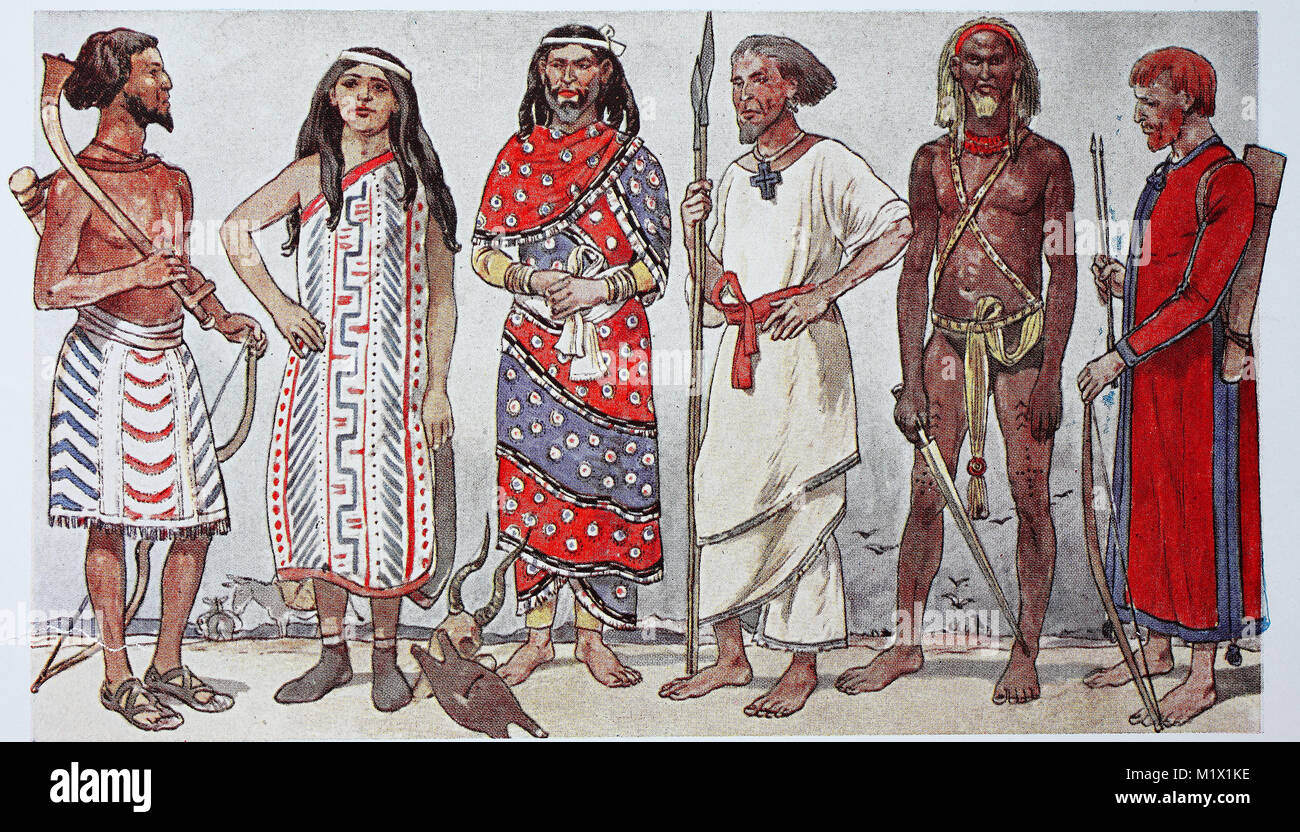infierno Mus batería La Ropa del Oeste de Asia en tiempos antiguos, desde la izquierda,  beduinos, nómadas cazadores y ganaderos, con un colorido delantal y sandalias  de cuero, una mujer beduina en el colorido manto,