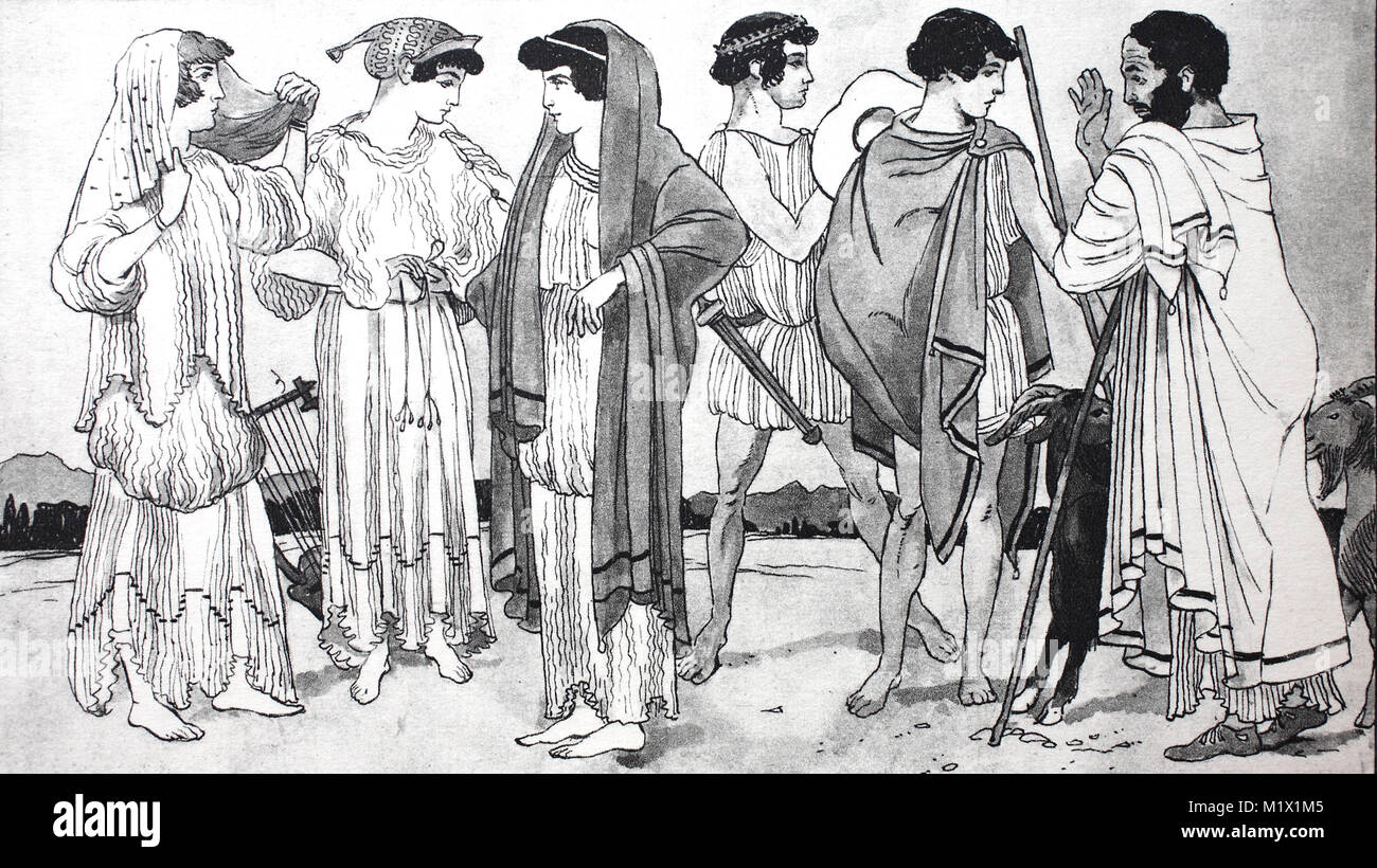 La ropa por los griegos en los primeros días, tras el jarrón, pinturas de  la 6ª y 5to siglo ., en la izquierda, tres mujeres en fino, delgado  vestiduras y manto, a