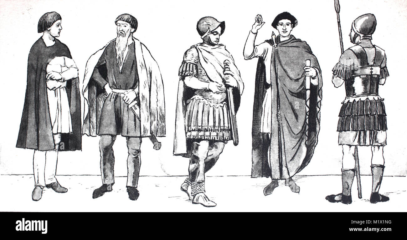 Ropa de moda en Europa, Edad Media 3.-10. Siglo, desde la izquierda, dos  hombres en la Edad Media en Florencia en el siglo IV, un guerrero en traje  Romana tardía, en el