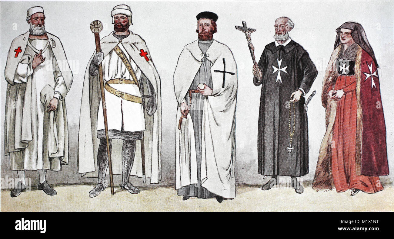 La ropa, la moda de los caballeros clerical en la Edad Media, desde la  izquierda, un hombre de la Templerorden, un templario en armadura con  cadena mail, un alemán de regla o